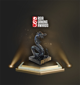 An ornate black dragon trophy on a pedestal, illuminated by spotlights, with the 'Asia Gaming Awards' logo displayed above it against a dark background.