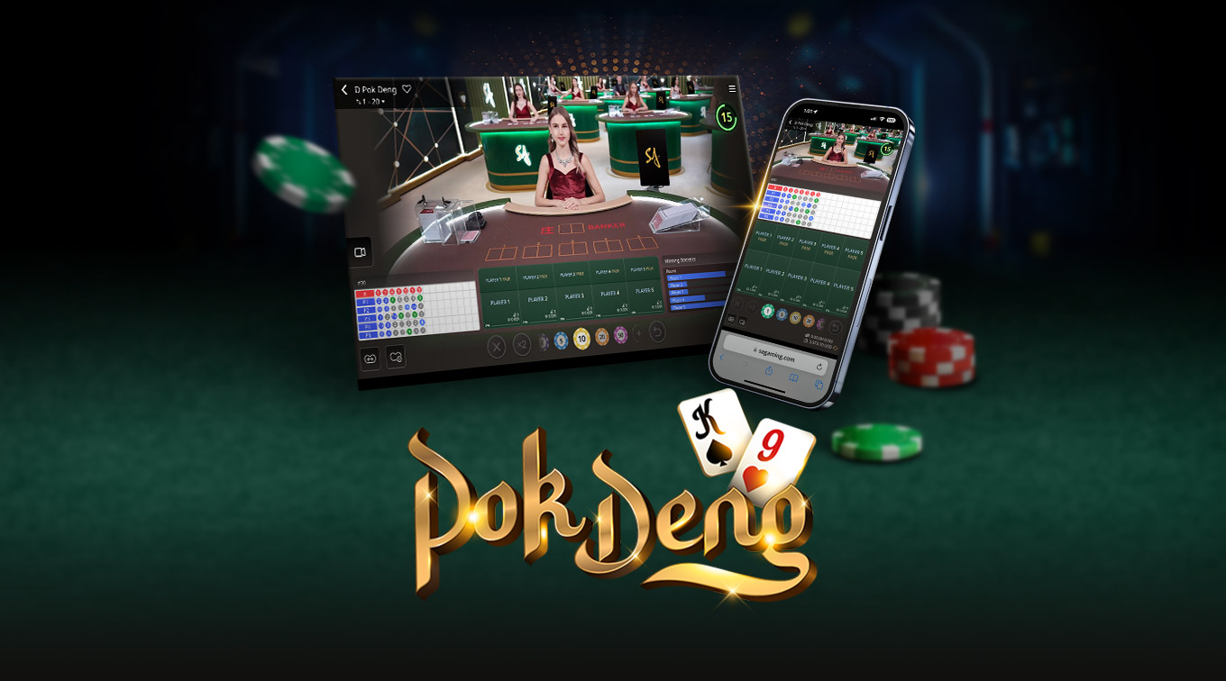 Image for an online Pok Deng game featuring a dealer at a casino table on the left and a mobile interface on the right. The text 'POK DENG' is prominently displayed at the bottom, with colorful poker chips and game cards surrounding the scene.