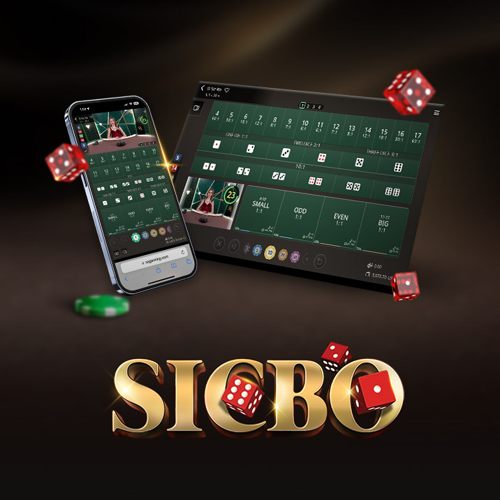 Image for an online Sic Bo game featuring a mobile interface on the left and a tablet interface on the right. The text 'SIC BO' is prominently displayed at the bottom, with colorful dice and betting options floating around.