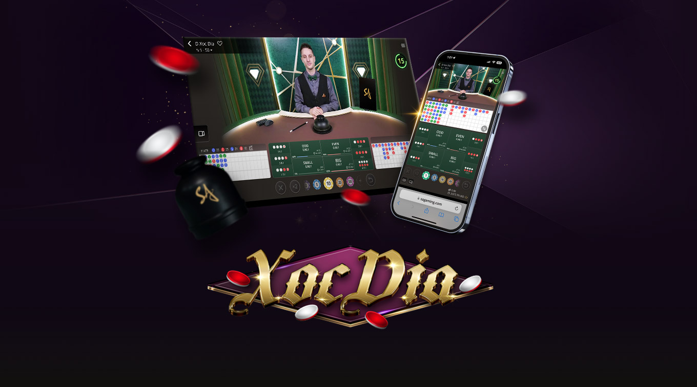 Image for an online Xoc Dia game featuring a dealer at a gaming table on the left and a mobile interface on the right. The text 'XOC DIA' is prominently displayed at the bottom, surrounded by colorful gaming chips and betting options.