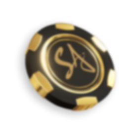 Close-up of a glossy black poker chip with gold accents and a stylized 'SA' logo in the center.