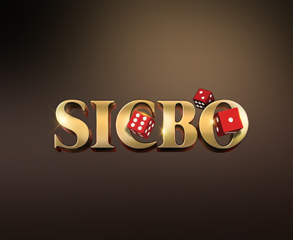 Stylized 'Sicbo' logo with red dice placed on it, presented in gold letters against a dark brown background.