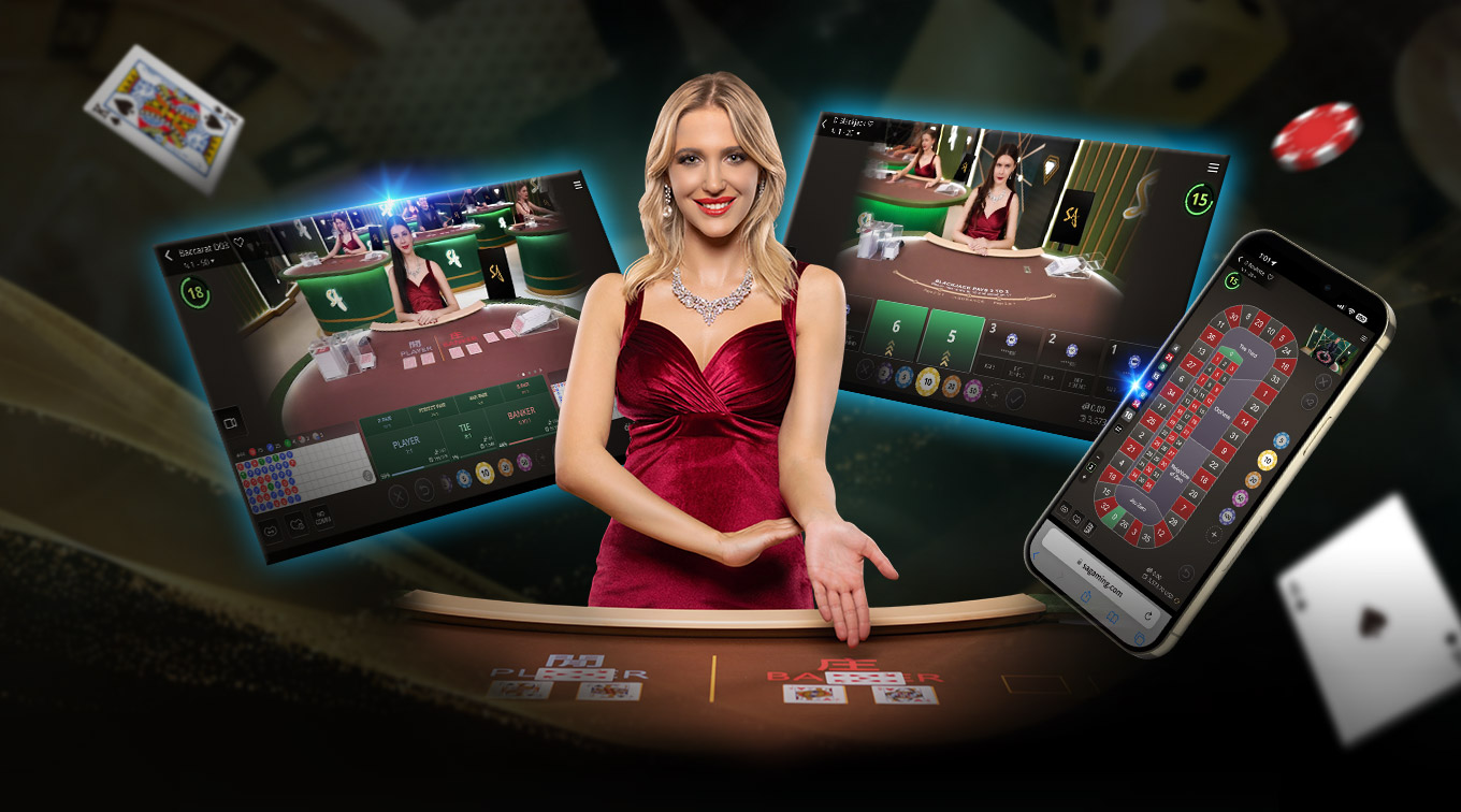 A graphic showcasing 'SA Gaming' with a woman in a red dress at the center. Surrounding her are two screens displaying online blackjack tables and a smartphone with game graphics. The background features a casino setting.