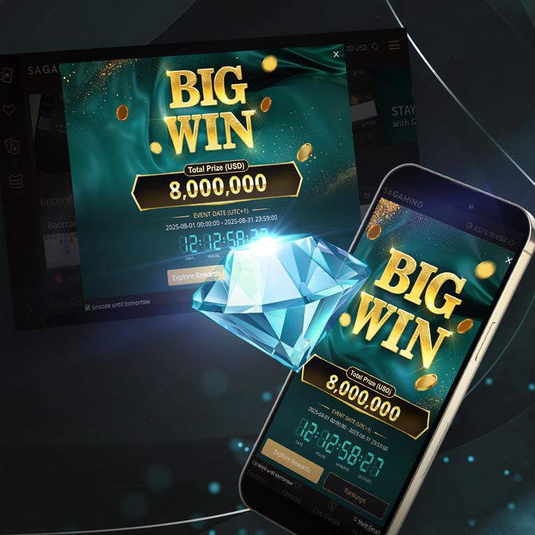 A promotional image displaying a 'BIG WIN' announcement with a total prize of 8,000,000. The design features a large diamond in the foreground. In the background, a smartphone and a tablet show the same 'BIG WIN' message and countdown timer, all set against a sleek, dynamic background.